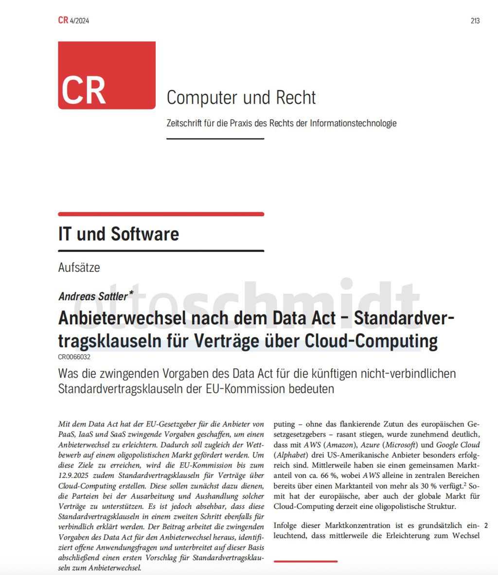 Anbieterwechsel nach dem Data Act – Standardvertragsklauseln für Verträge über Cloud-Computing